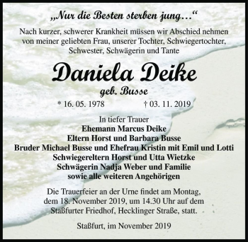 Traueranzeige von Daniela Deike (geb. Busse)  von Magdeburger Volksstimme