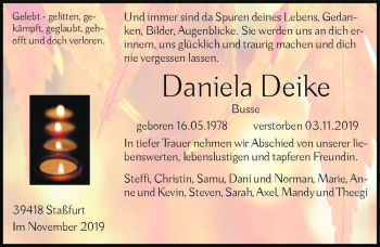 Traueranzeige von Daniela Deike (geb. Busse)  von Magdeburger Volksstimme