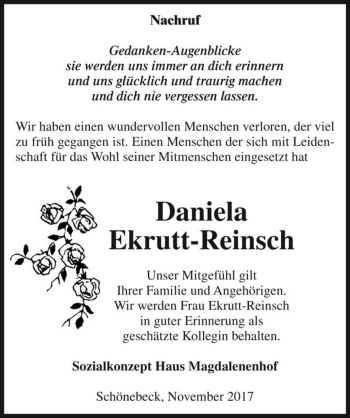 Traueranzeige von Daniela Ekrutt-Reinsch  von Magdeburger Volksstimme
