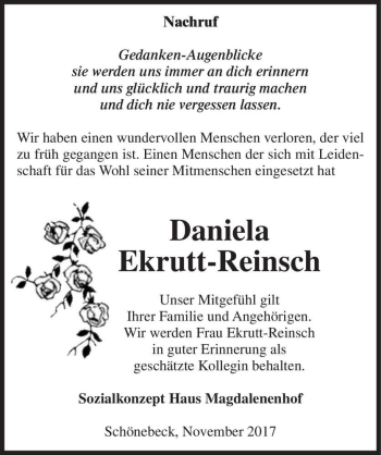 Traueranzeige von Daniela Ekrutt-Reinsch  von Magdeburger Volksstimme