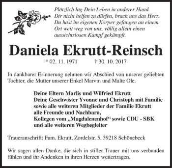 Traueranzeige von Daniela Ekrutt-Reinsch  von Magdeburger Volksstimme