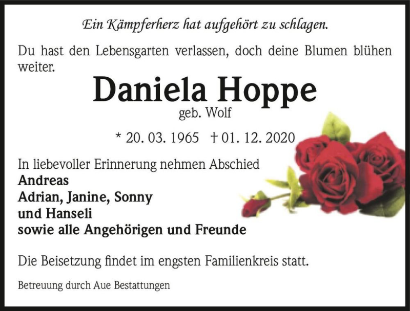  Traueranzeige für Daniela Hoppe (geb. Wolf)  vom 12.12.2020 aus Magdeburger Volksstimme