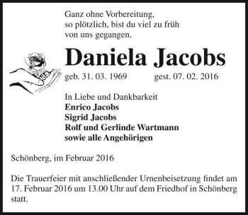 Traueranzeige von Daniela Jacobs  von Magdeburger Volksstimme