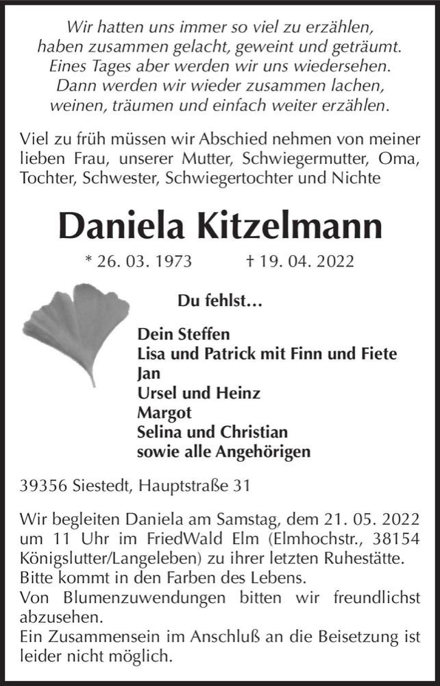 Traueranzeige für Daniela Kitzelmann  vom 14.05.2022 aus Magdeburger Volksstimme
