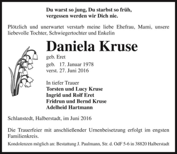 Traueranzeige von Daniela Kruse (geb. Eret)  von Magdeburger Volksstimme