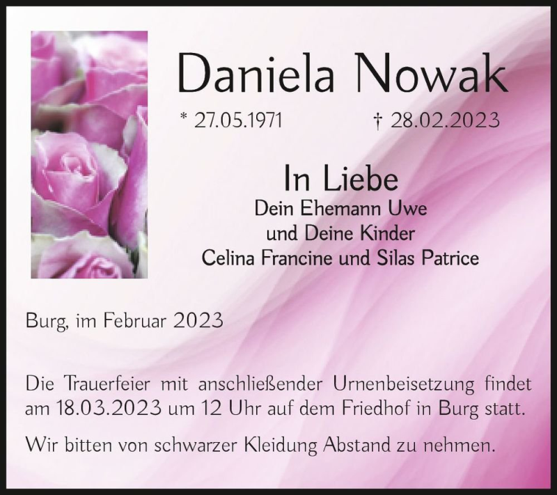  Traueranzeige für Daniela Nowak  vom 04.03.2023 aus Magdeburger Volksstimme
