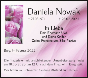 Traueranzeige von Daniela Nowak  von Magdeburger Volksstimme
