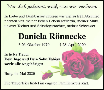 Traueranzeige von Daniela Rönnecke  von Magdeburger Volksstimme