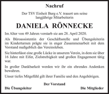 Traueranzeige von Daniela Rönnecke  von Magdeburger Volksstimme