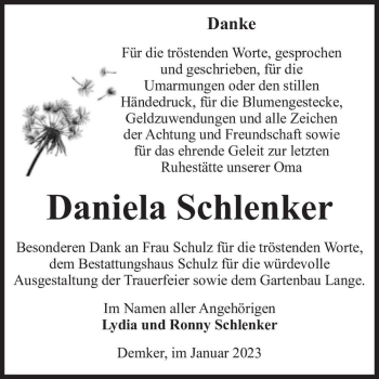 Traueranzeige von Daniela Schlenker  von Magdeburger Volksstimme