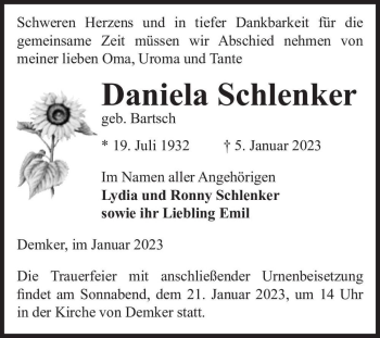Traueranzeige von Daniela Schlenker (geb. Bartsch)  von Magdeburger Volksstimme