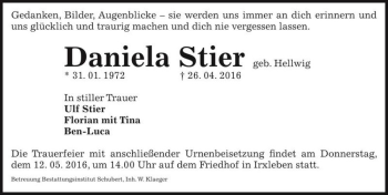 Traueranzeige von Daniela Stier (geb. Hellwig)  von Magdeburger Volksstimme
