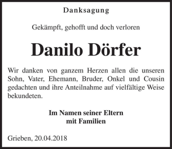 Traueranzeige von Danilo Dörfer  von Magdeburger Volksstimme