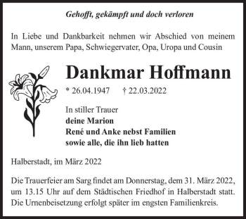 Traueranzeige von Dankmar Hoffmann  von Magdeburger Volksstimme
