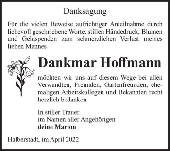 Traueranzeige von Dankmar Hoffmann  von Magdeburger Volksstimme