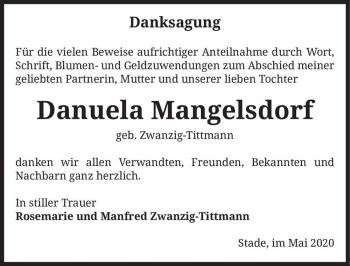 Traueranzeige von Danuela Mangelsdorf (geb. Zwanzig-Tittmann)  von Magdeburger Volksstimme