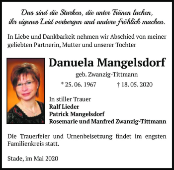 Traueranzeige von Danuela Mangelsdorf (geb. Zwanzig-Tittmann)  von Magdeburger Volksstimme