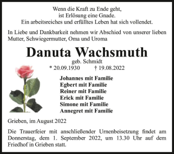 Traueranzeige von Danuta Wachsmuth (geb. Schmidt)  von Magdeburger Volksstimme