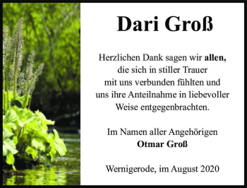 Traueranzeige von Dari Groß  von Magdeburger Volksstimme