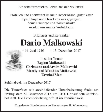 Traueranzeige von Dario Malkowski  von Magdeburger Volksstimme