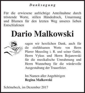 Traueranzeige von Dario Malkowski  von Magdeburger Volksstimme