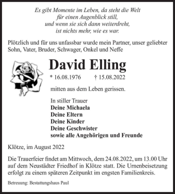 Traueranzeige von David Elling  von Magdeburger Volksstimme