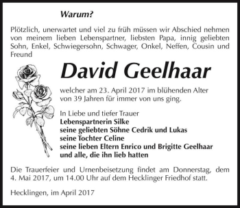Traueranzeige von David Geelhaar  von Magdeburger Volksstimme