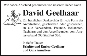 Traueranzeige von David Geelhaar  von Magdeburger Volksstimme