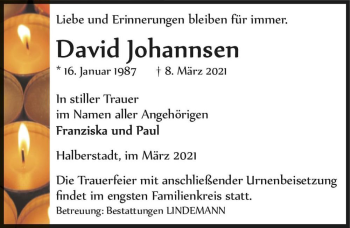 Traueranzeige von David Johannsen  von Magdeburger Volksstimme
