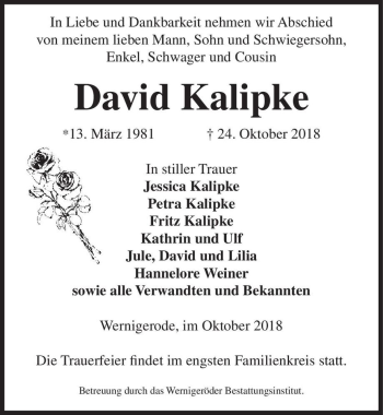 Traueranzeige von David Kalipke  von Magdeburger Volksstimme