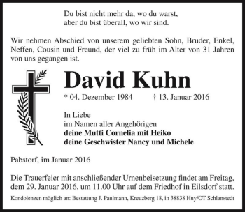 Traueranzeige von David Kuhn  von Magdeburger Volksstimme