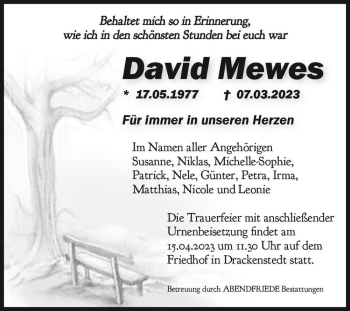 Traueranzeige von David Mewes  von Magdeburger Volksstimme