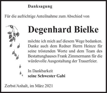 Traueranzeige von Degenhard Bielke  von Magdeburger Volksstimme