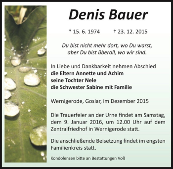 Traueranzeige von Denis Bauer  von Magdeburger Volksstimme