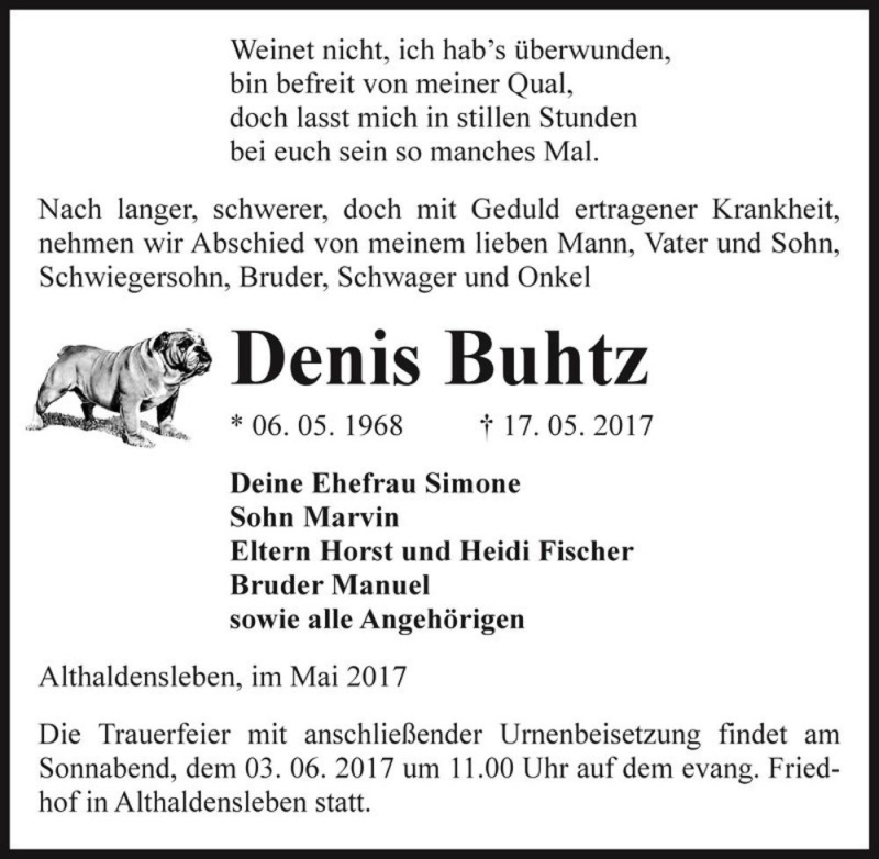  Traueranzeige für Denis Buhtz  vom 27.05.2017 aus Magdeburger Volksstimme