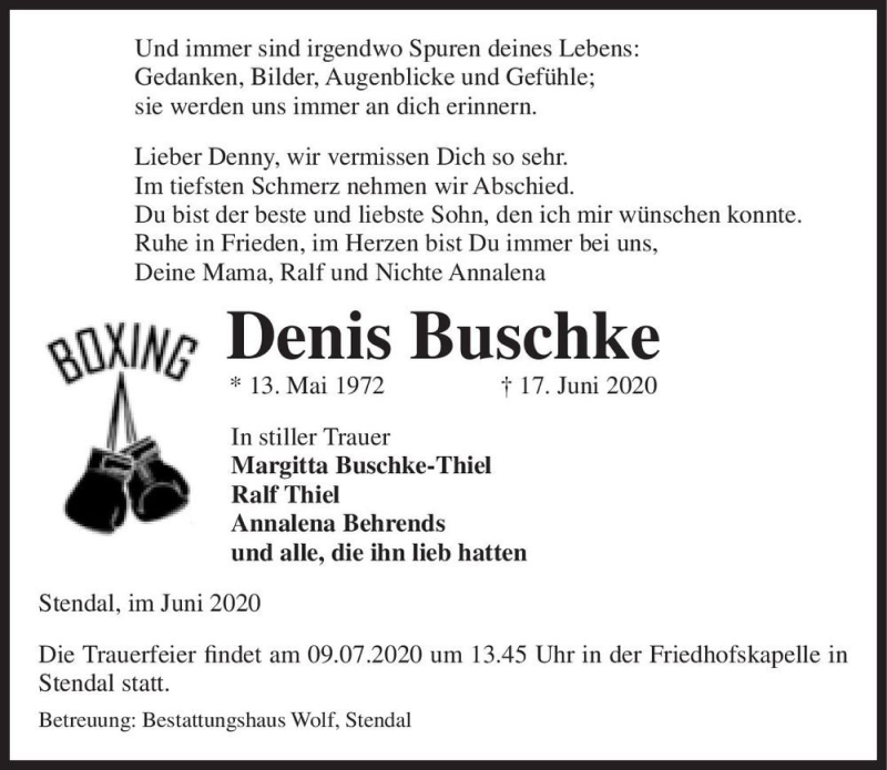  Traueranzeige für Denis Buschke  vom 27.06.2020 aus Magdeburger Volksstimme