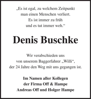 Traueranzeige von Denis Buschke  von Magdeburger Volksstimme