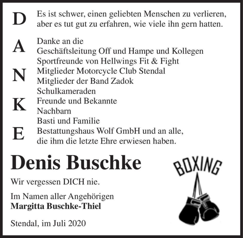  Traueranzeige für Denis Buschke  vom 18.07.2020 aus Magdeburger Volksstimme