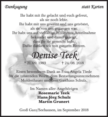 Traueranzeige von Denise Teek  von Magdeburger Volksstimme