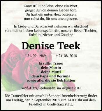 Traueranzeige von Denise Teek  von Magdeburger Volksstimme