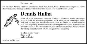 Traueranzeige von Dennis Hulha  von Magdeburger Volksstimme
