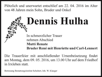 Traueranzeige von Dennis Hulha  von Magdeburger Volksstimme