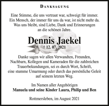 Traueranzeige von Dennis Jaekel  von Magdeburger Volksstimme