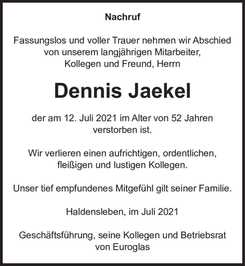  Traueranzeige für Dennis Jaekel  vom 24.07.2021 aus Magdeburger Volksstimme