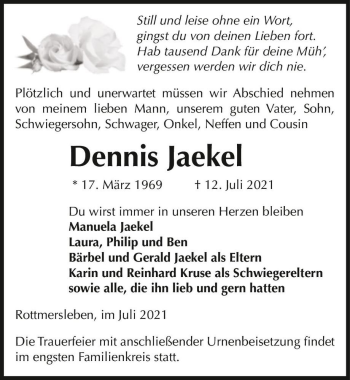 Traueranzeige von Dennis Jaekel  von Magdeburger Volksstimme