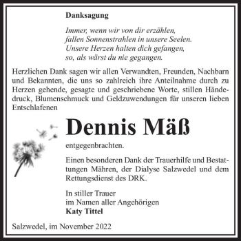 Traueranzeige von Dennis Mäß  von Magdeburger Volksstimme