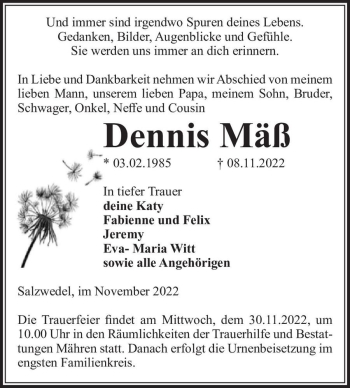 Traueranzeige von Dennis Mäß  von Magdeburger Volksstimme