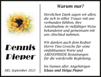 Traueranzeige von Dennis Pieper  von Magdeburger Volksstimme