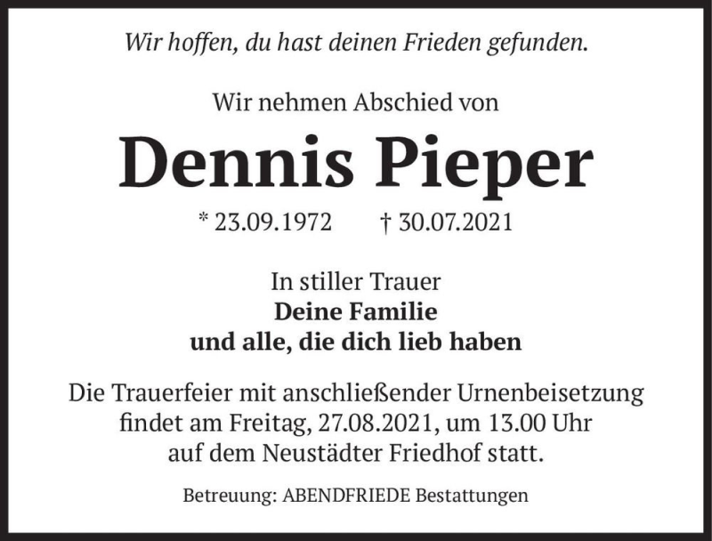  Traueranzeige für Dennis Pieper  vom 21.08.2021 aus Magdeburger Volksstimme