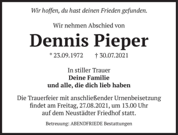 Traueranzeige von Dennis Pieper  von Magdeburger Volksstimme